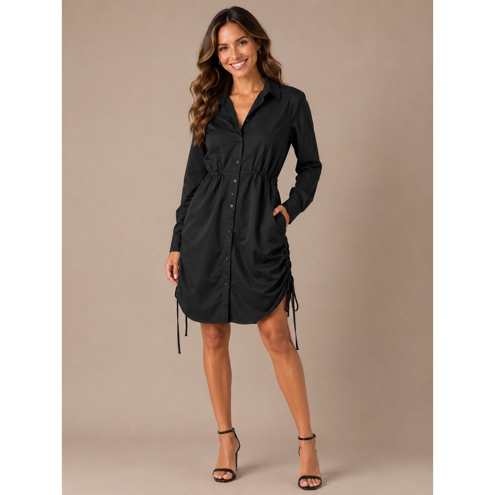 And Now This Womens Black Ruched Side‎ Cinch Button Down Shirt Dress 2X